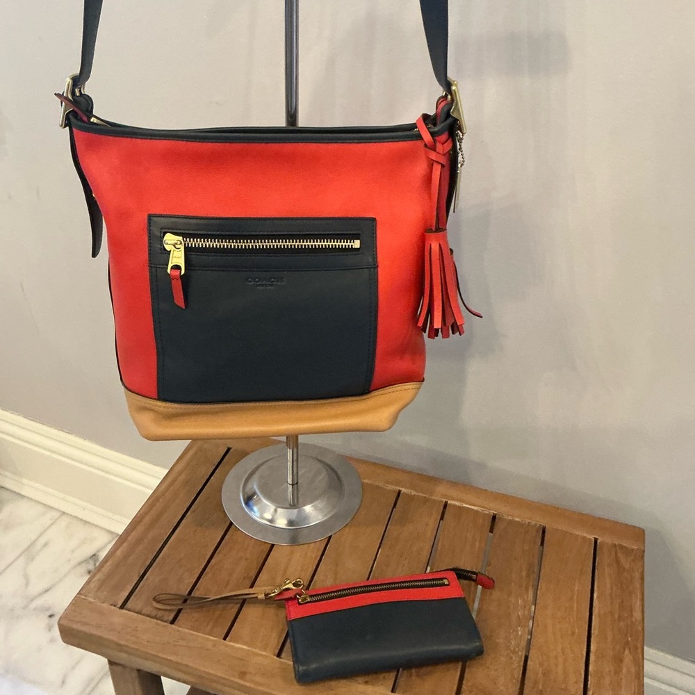 Coach Stylish Red and Tan  and navy Women's Bag and matching wallet